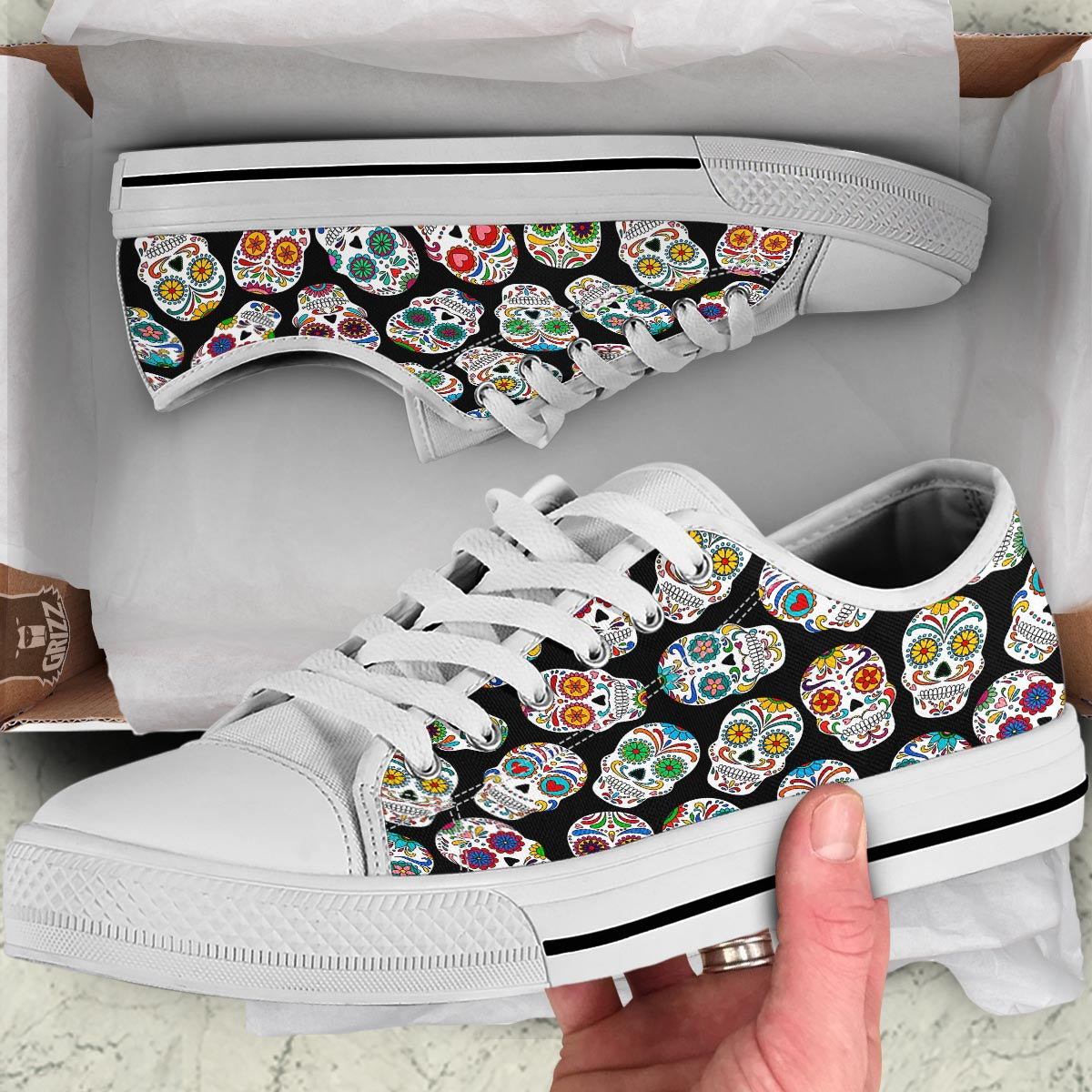 Skull Sugar Print Pattern White Low Top Shoes-grizzshop