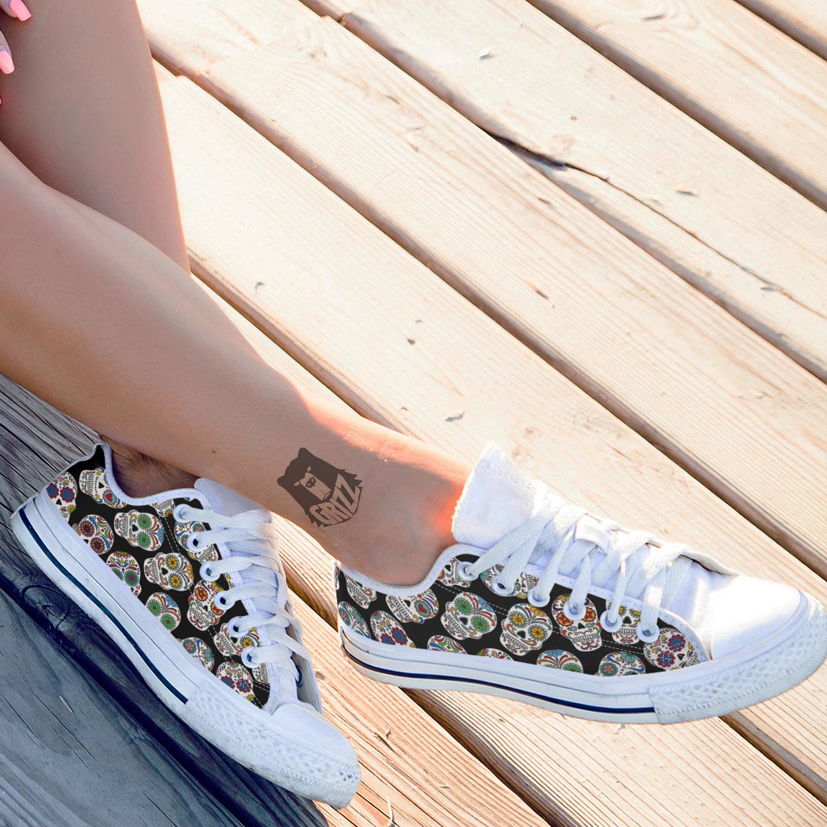Skull Sugar Print Pattern White Low Top Shoes-grizzshop