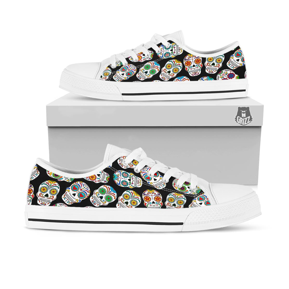 Skull Sugar Print Pattern White Low Top Shoes-grizzshop