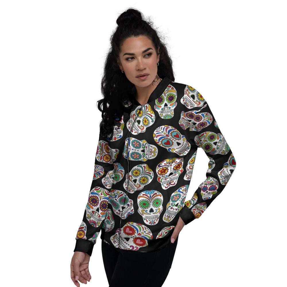 Skull Sugar Print Pattern Women's Bomber Jacket-grizzshop