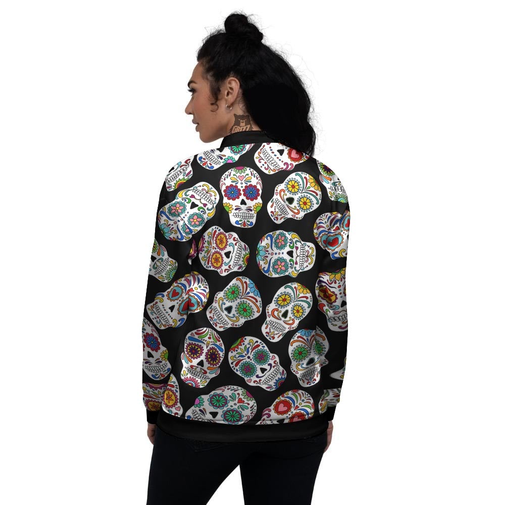 Skull Sugar Print Pattern Women's Bomber Jacket-grizzshop