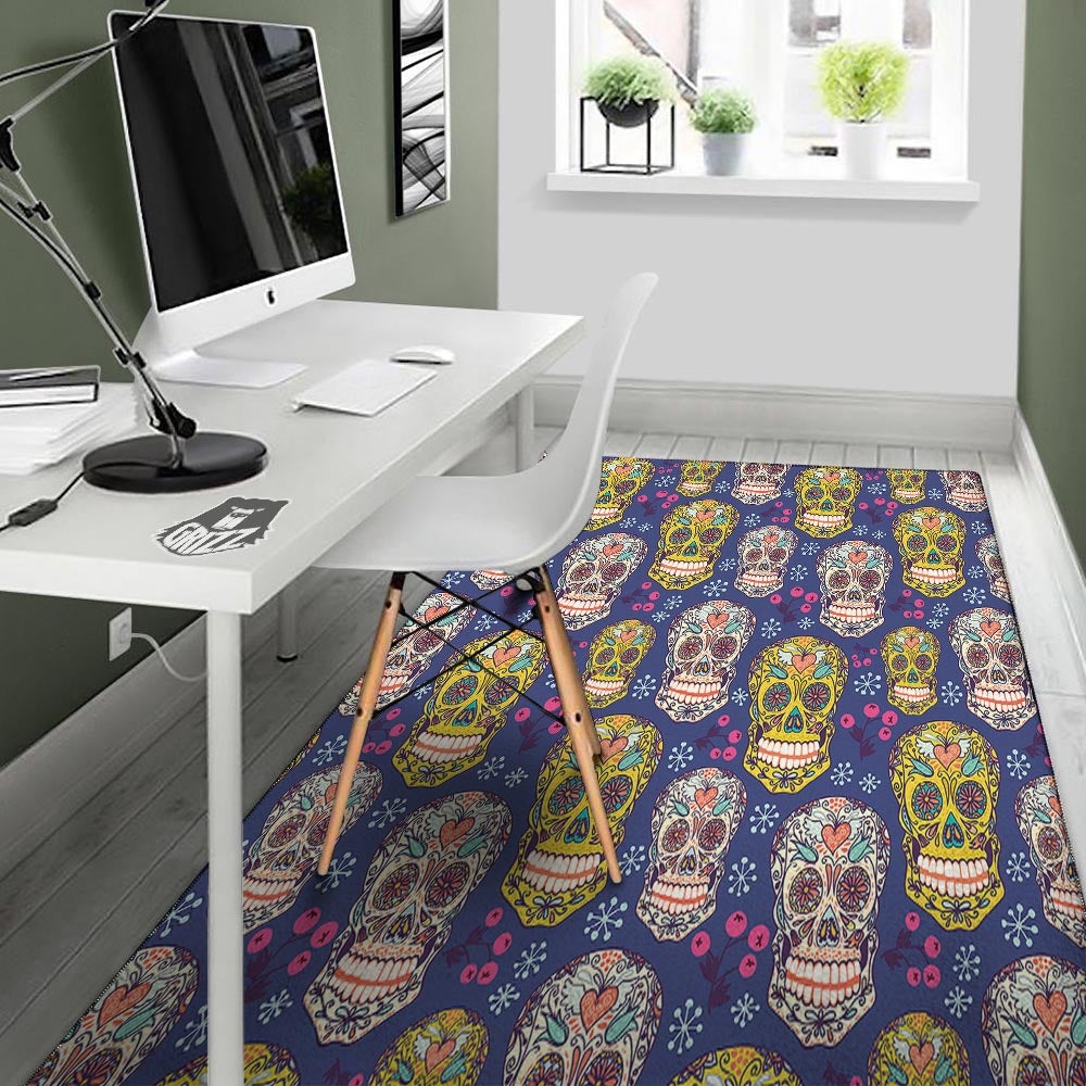 Skull Teal Sugar Print Pattern Floor Mat-grizzshop