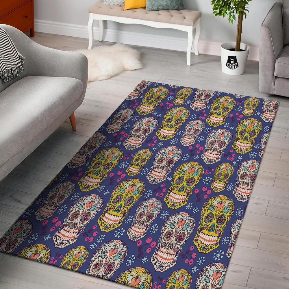 Skull Teal Sugar Print Pattern Floor Mat-grizzshop