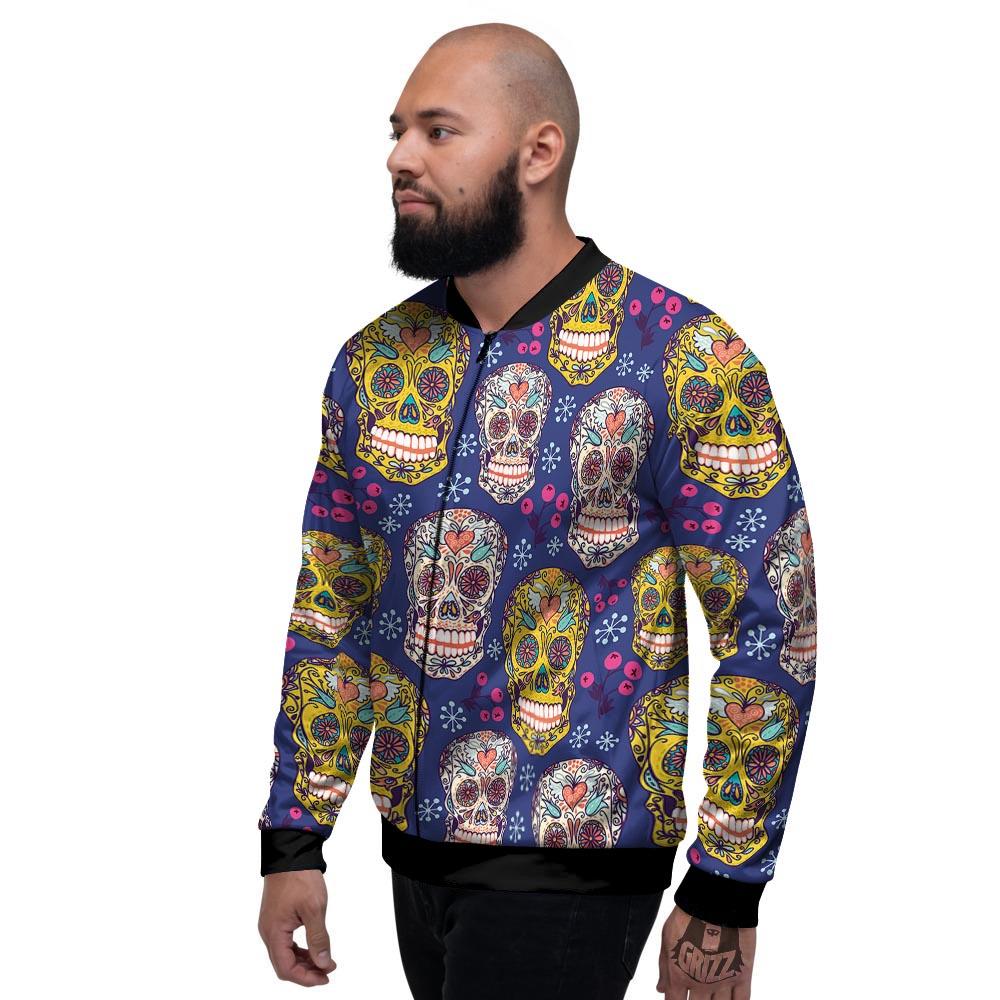 Skull Teal Sugar Print Pattern Men's Bomber Jacket-grizzshop