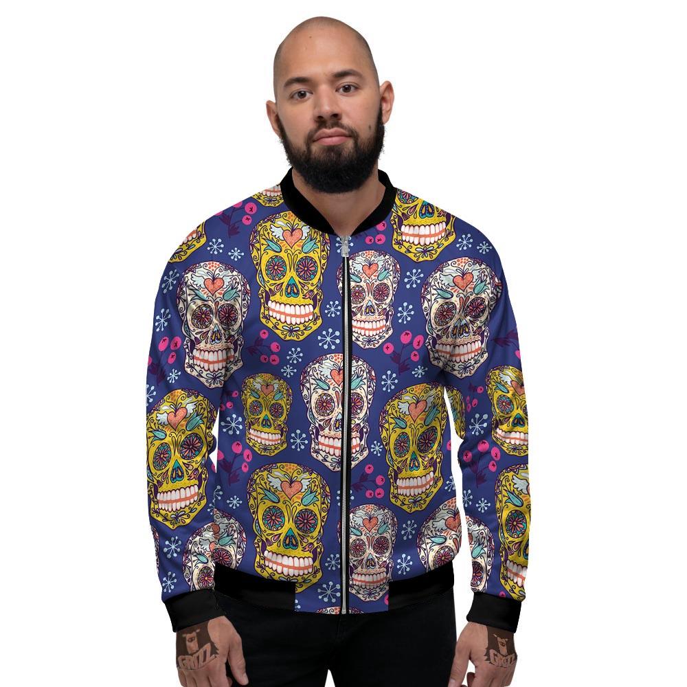 Skull Teal Sugar Print Pattern Men's Bomber Jacket-grizzshop