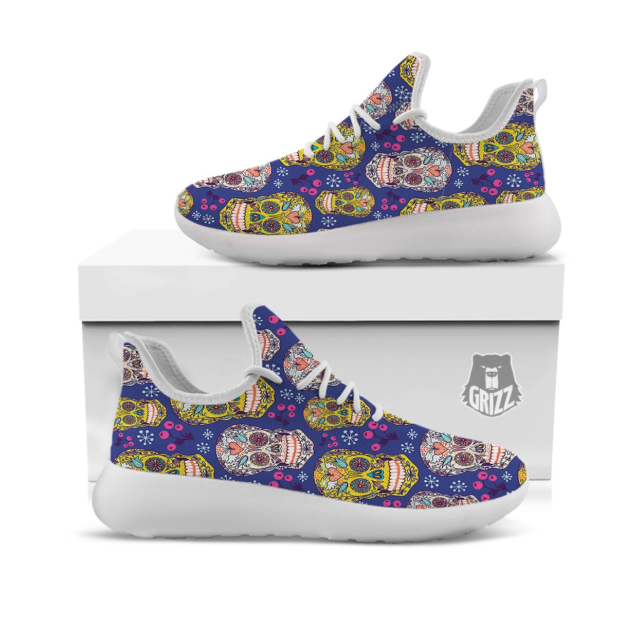 Skull Teal Sugar Print Pattern White Athletic Shoes-grizzshop