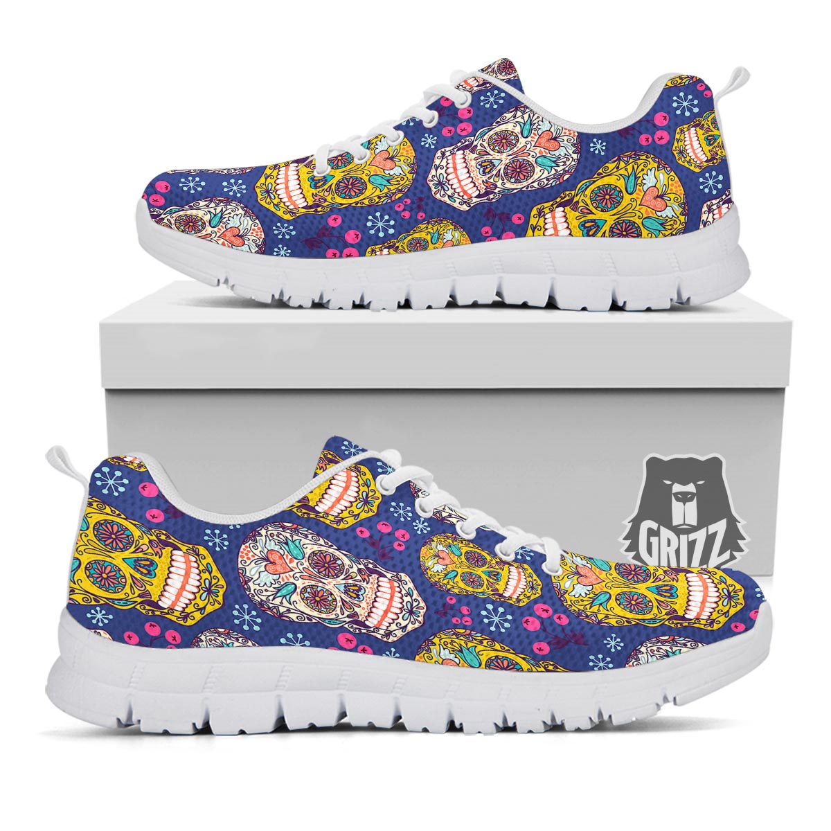 Skull Teal Sugar Print Pattern White Sneaker-grizzshop