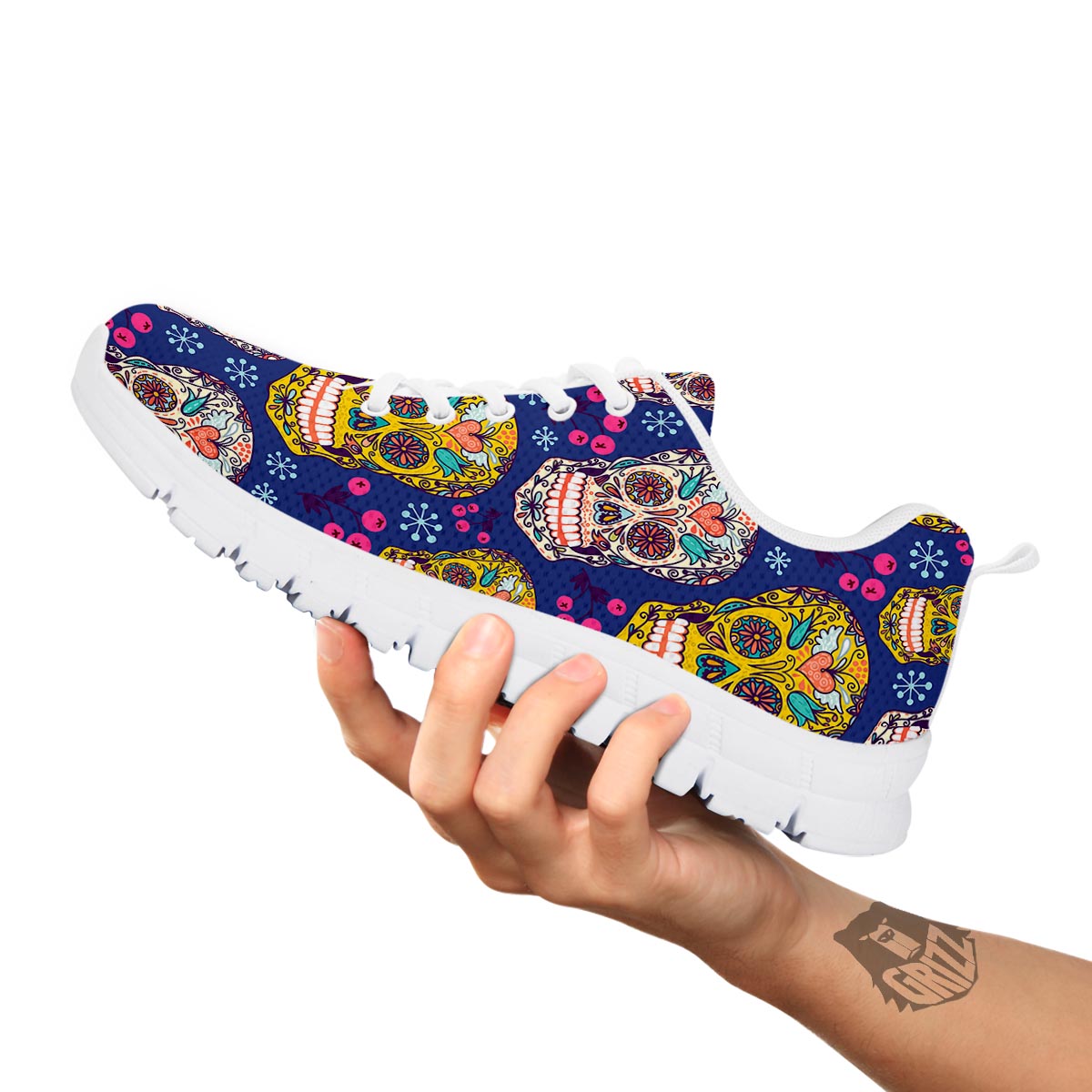 Skull Teal Sugar Print Pattern White Sneaker-grizzshop