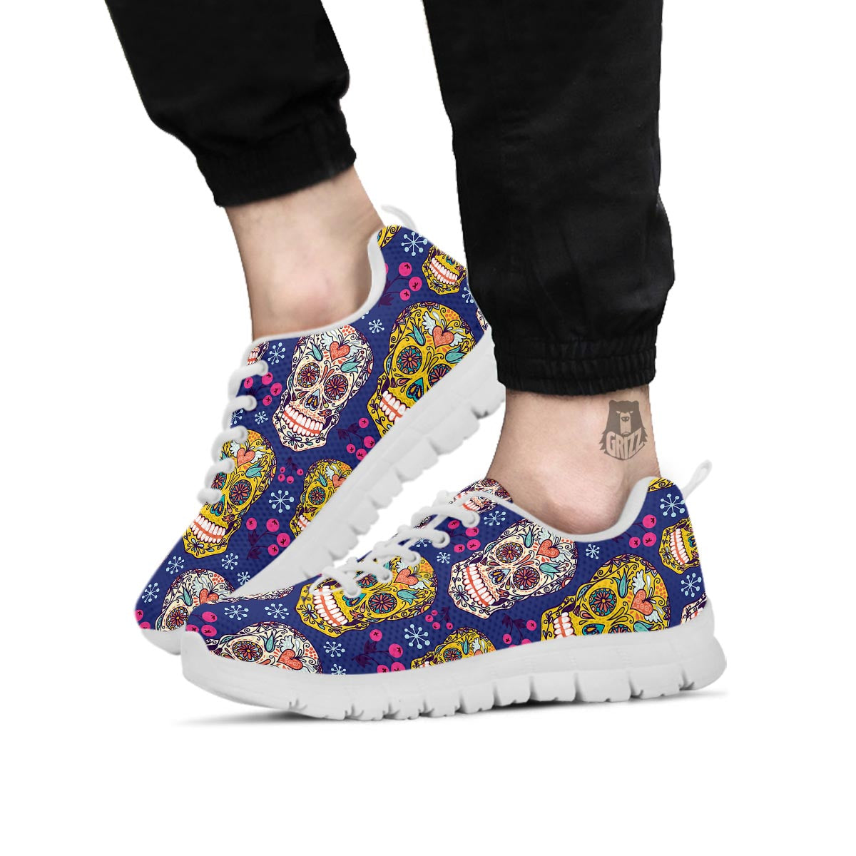 Skull Teal Sugar Print Pattern White Sneaker-grizzshop