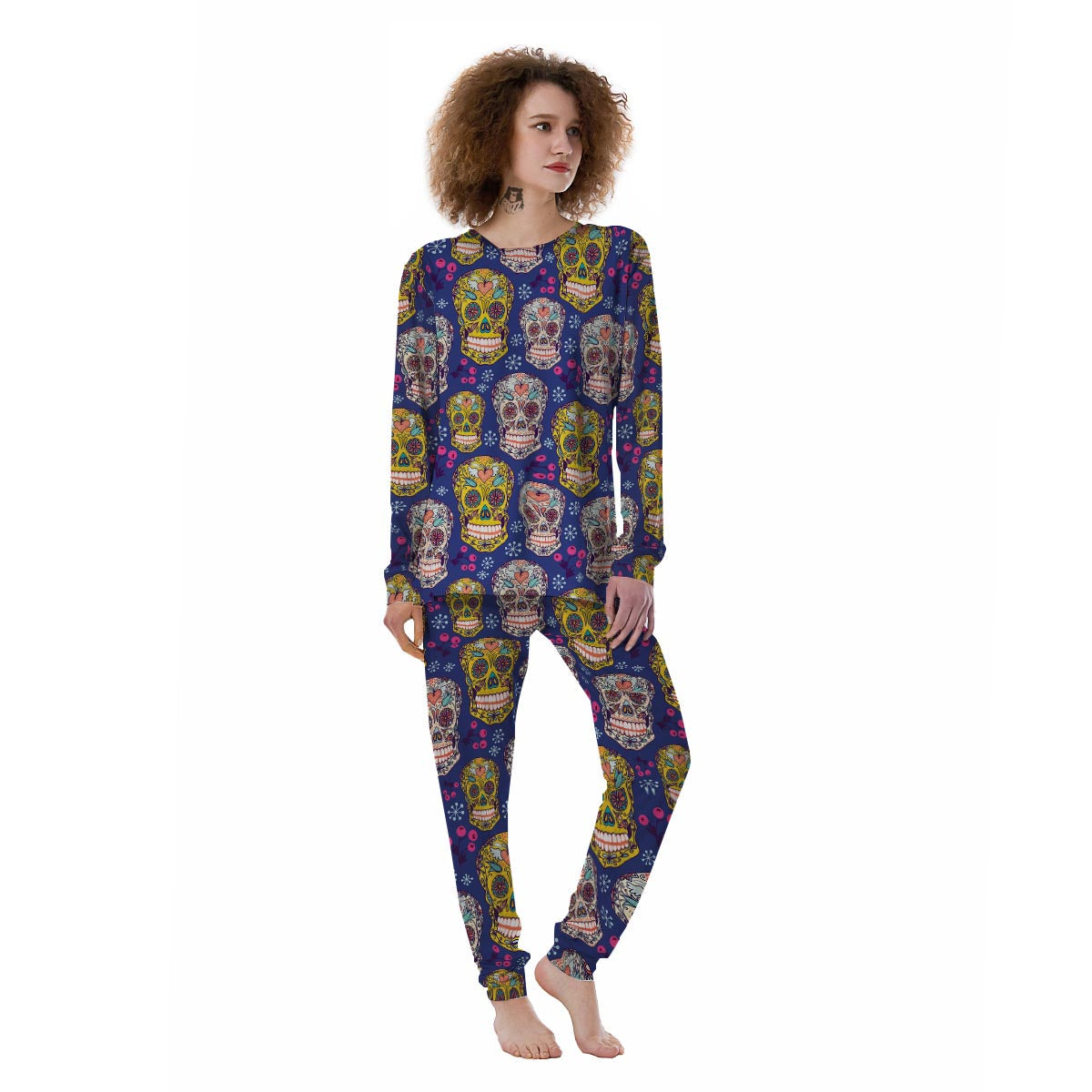 Skull Teal Sugar Print Pattern Women's Pajamas-grizzshop