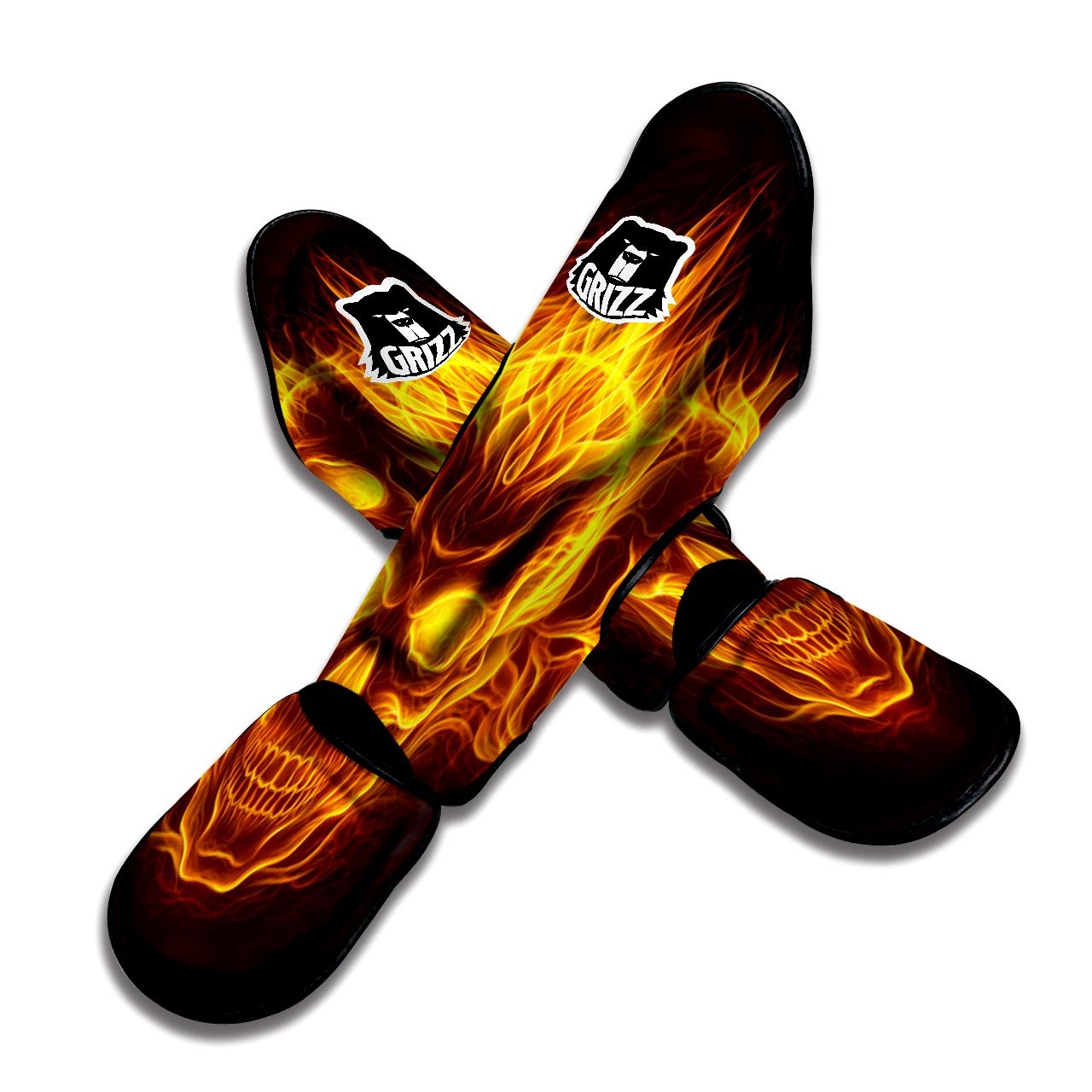 Skull Three Flaming Print Muay Thai Shin Guards-grizzshop