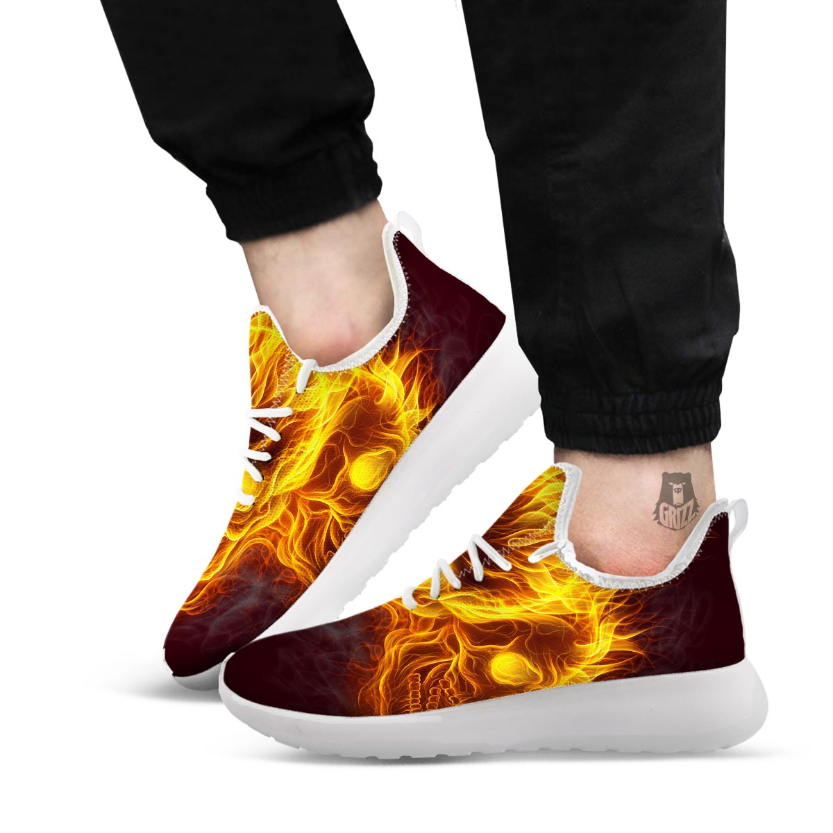 Skull Three Flaming Print White Athletic Shoes-grizzshop