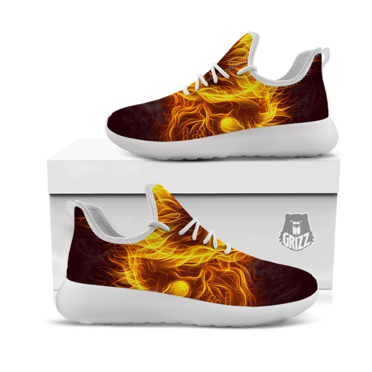 Skull Three Flaming Print White Athletic Shoes-grizzshop