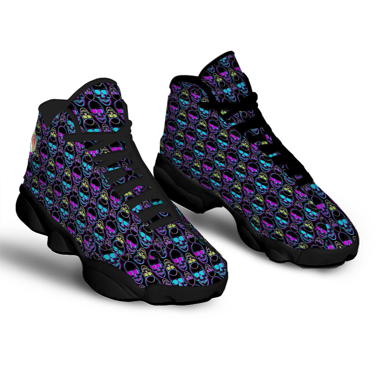 Skull Trippy Neon Print Pattern Black Basketball Shoes-grizzshop