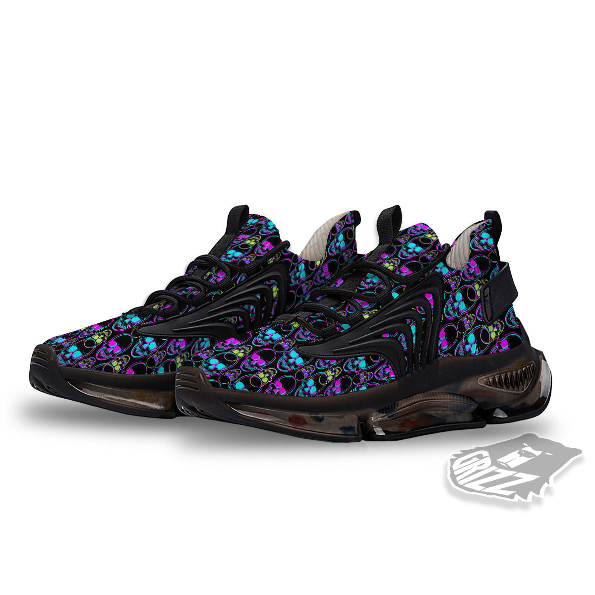 Skull Trippy Neon Print Pattern Black Gym Shoes-grizzshop