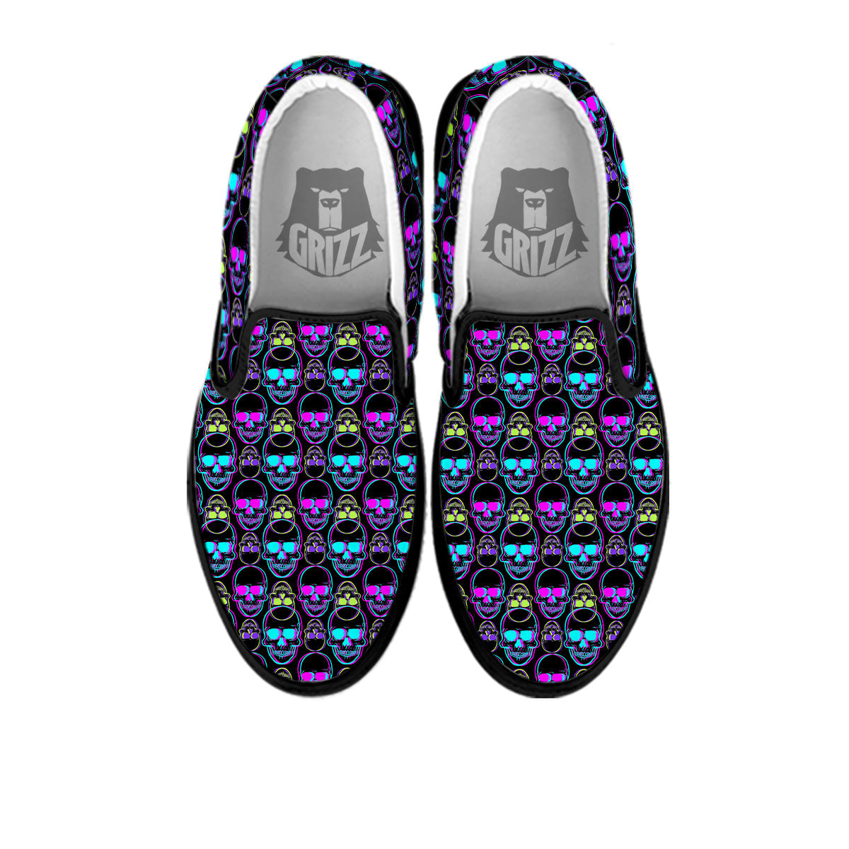 Skull Trippy Neon Print Pattern Black Slip On Shoes-grizzshop