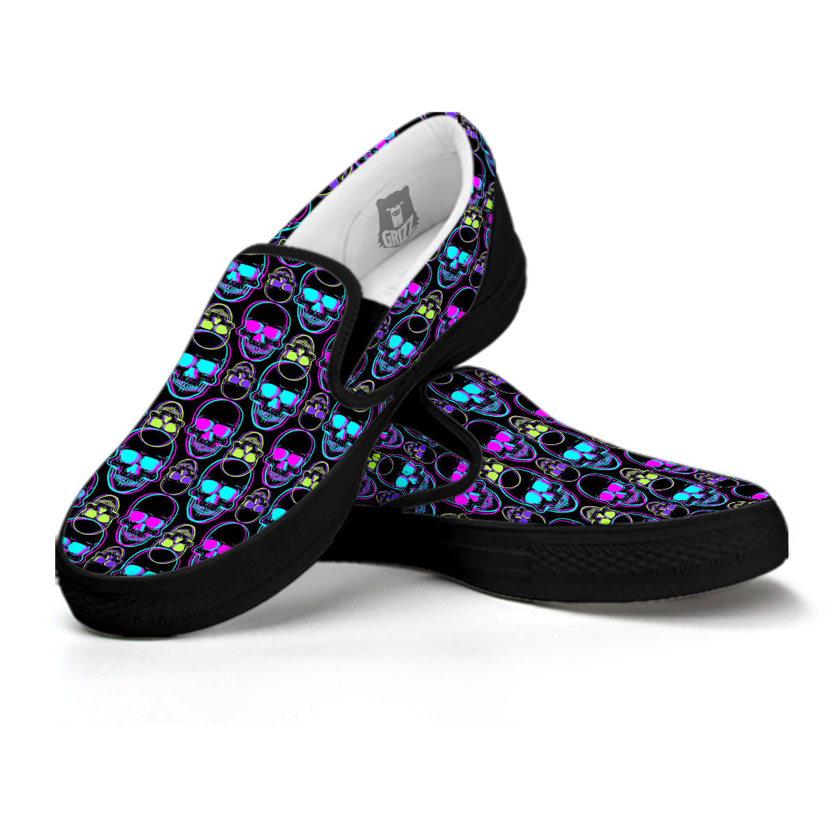 Skull Trippy Neon Print Pattern Black Slip On Shoes-grizzshop