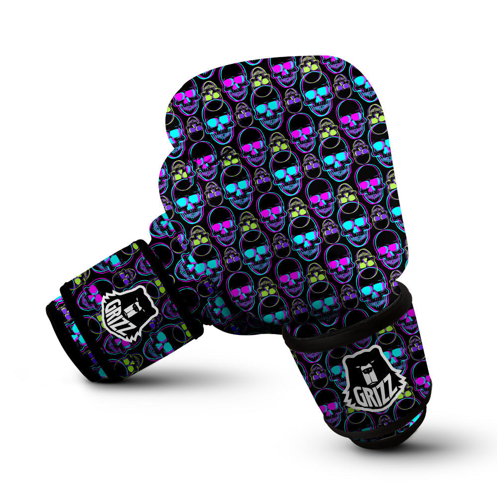 Skull Trippy Neon Print Pattern Boxing Gloves-grizzshop