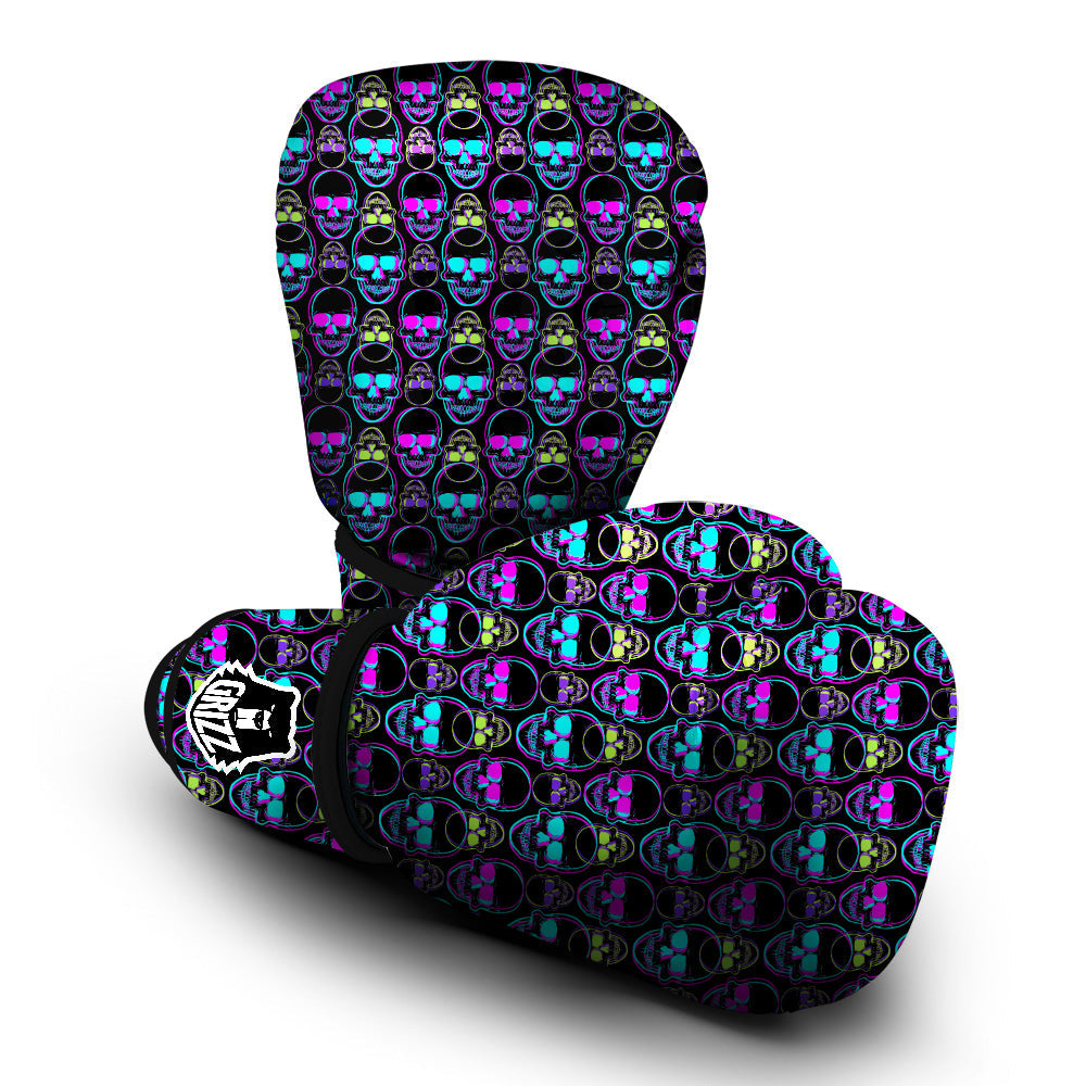 Skull Trippy Neon Print Pattern Boxing Gloves-grizzshop