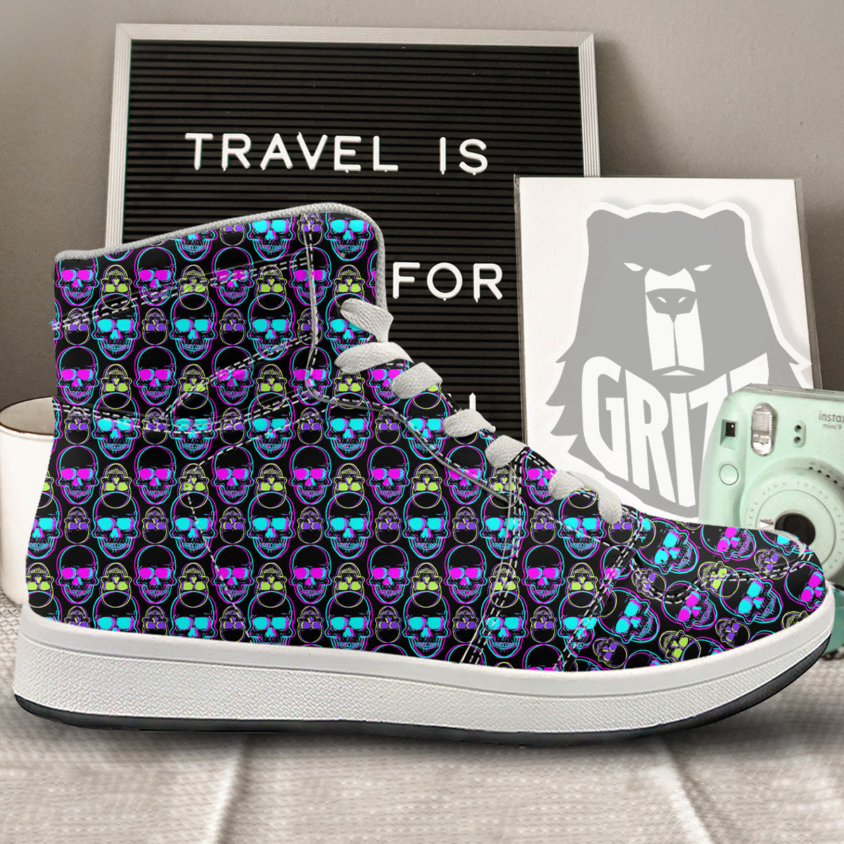 Skull Trippy Neon Print Pattern High Top Sneakers-grizzshop