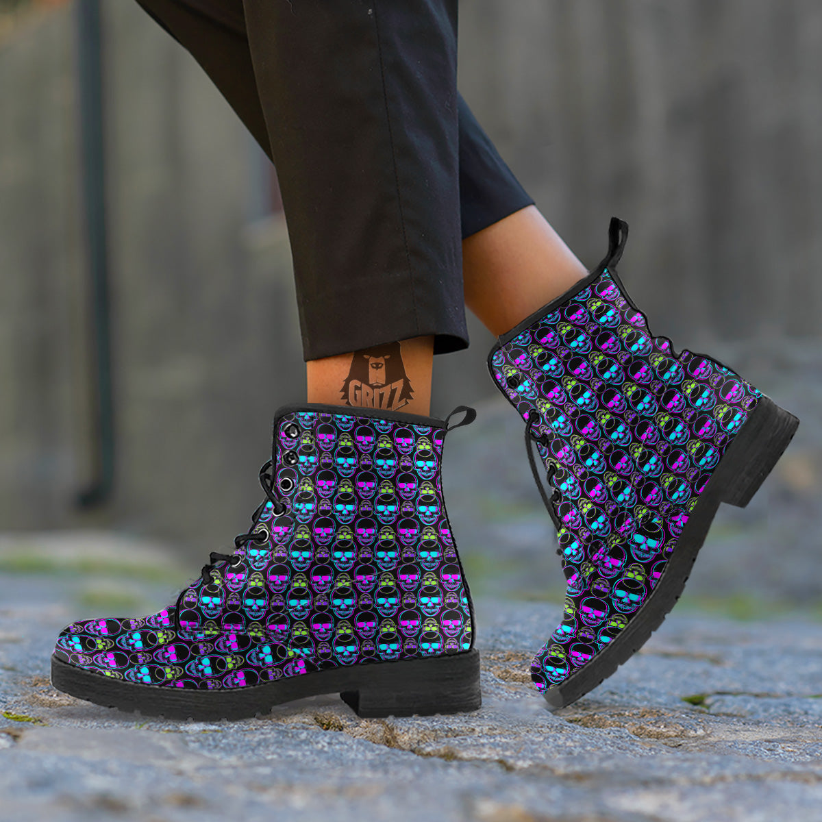 Skull Trippy Neon Print Pattern Leather Boots-grizzshop