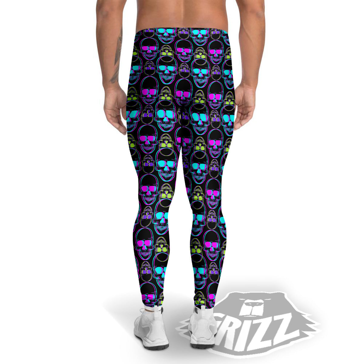 Skull Trippy Neon Print Pattern Men's Leggings-grizzshop