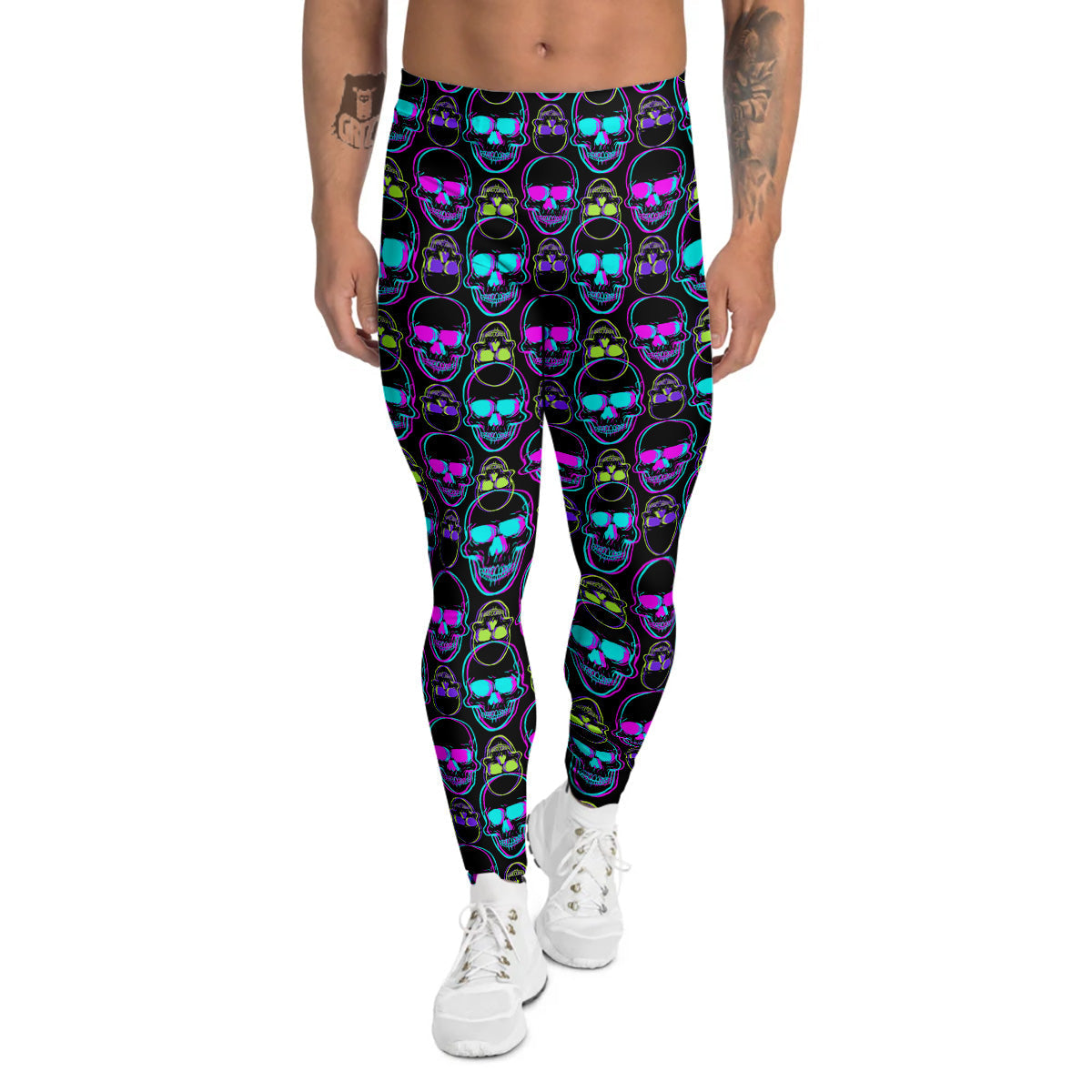 Skull Trippy Neon Print Pattern Men's Leggings-grizzshop