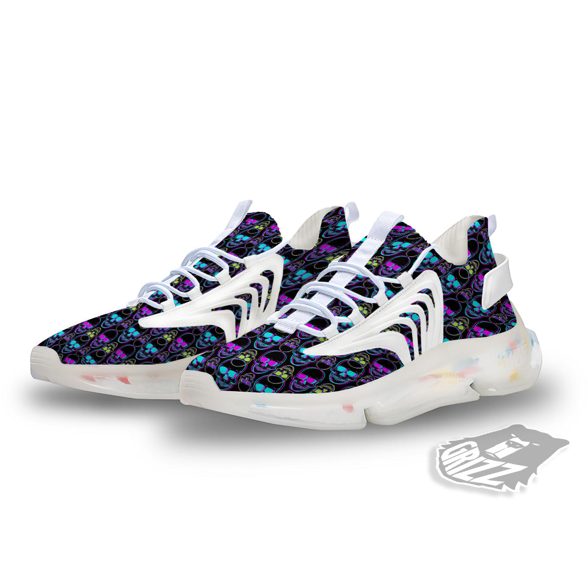 Skull Trippy Neon Print Pattern White Gym Shoes-grizzshop