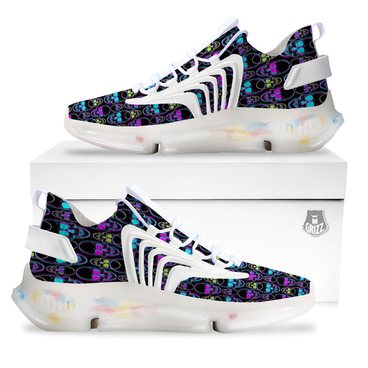 Skull Trippy Neon Print Pattern White Gym Shoes-grizzshop
