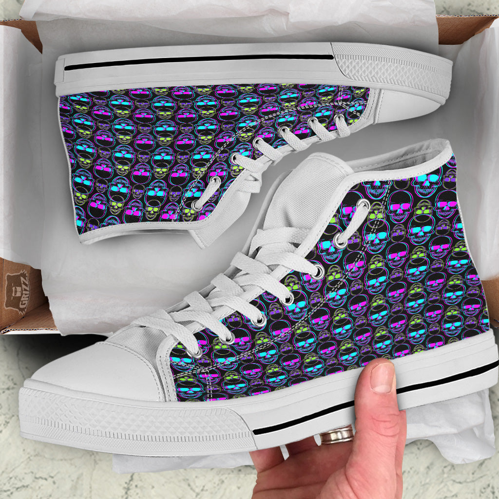 Skull Trippy Neon Print Pattern White High Top Shoes-grizzshop
