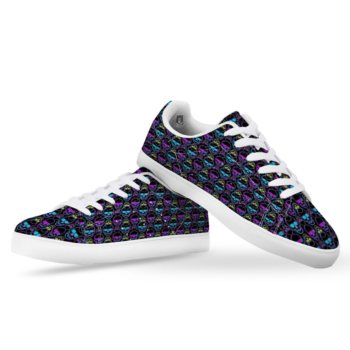 Skull Trippy Neon Print Pattern White Low Top Sneakers-grizzshop