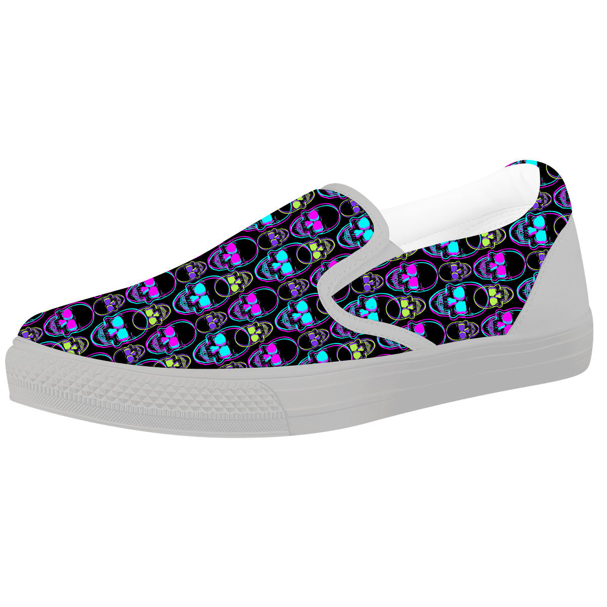 Skull Trippy Neon Print Pattern White Slip On Shoes-grizzshop