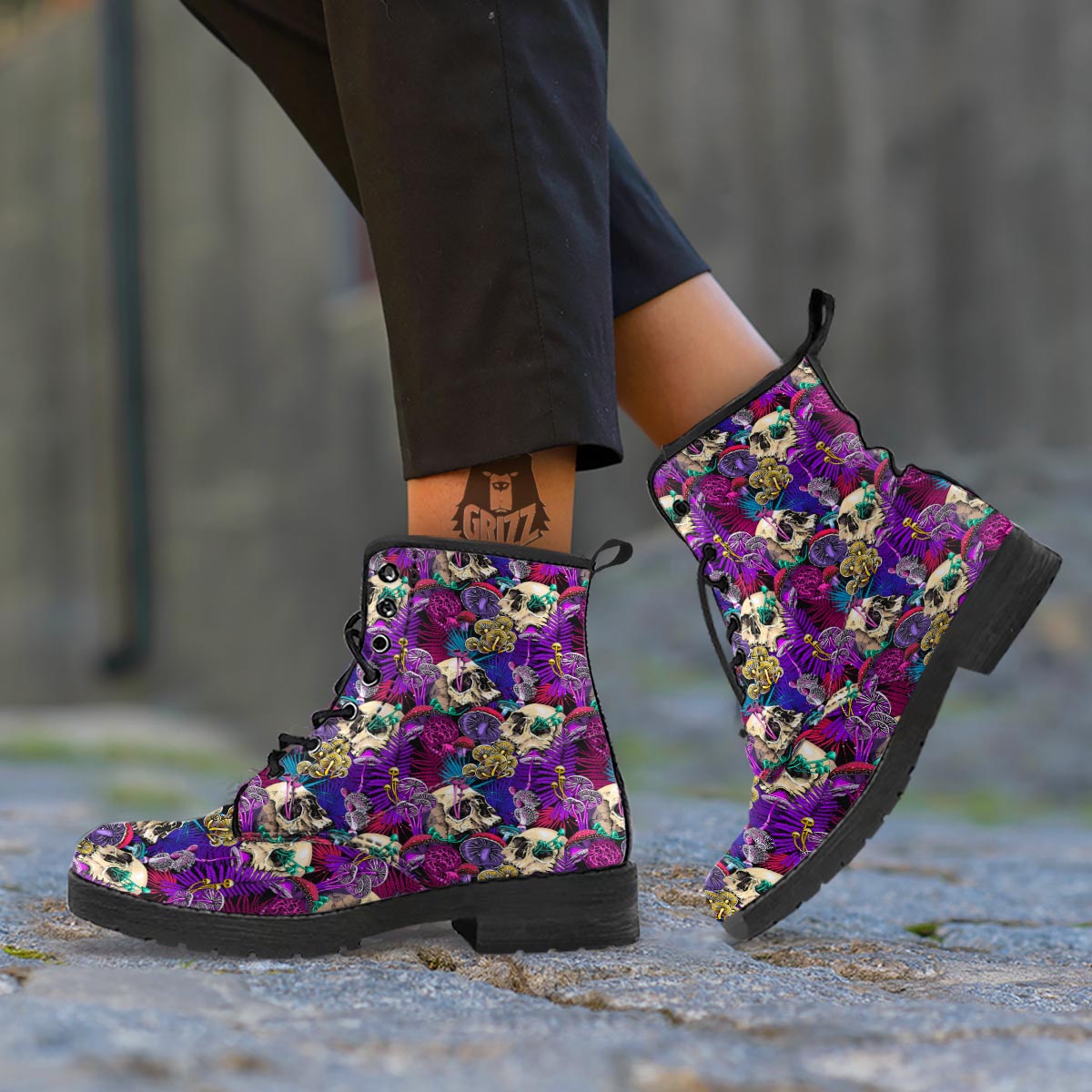Skull Trippy Print Pattern Leather Boots-grizzshop