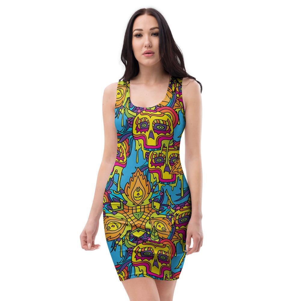 Skull Trippy Psychedelic Bodycon Dress-grizzshop