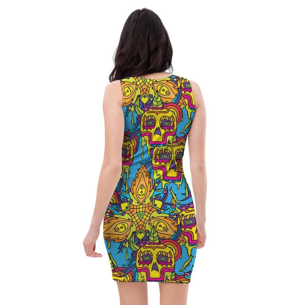 Skull Trippy Psychedelic Bodycon Dress-grizzshop