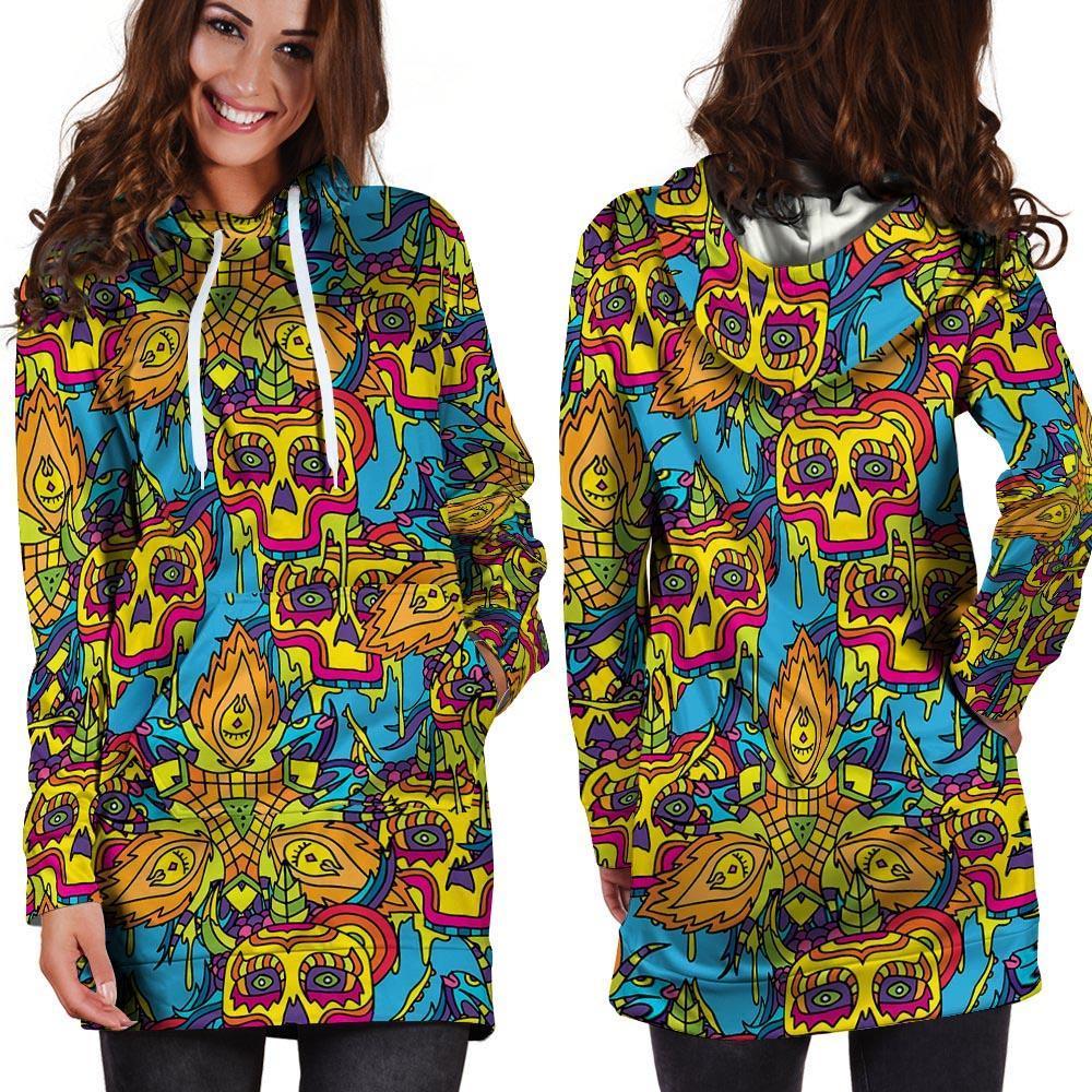 Skull Trippy Psychedelic Hoodie Dress-grizzshop