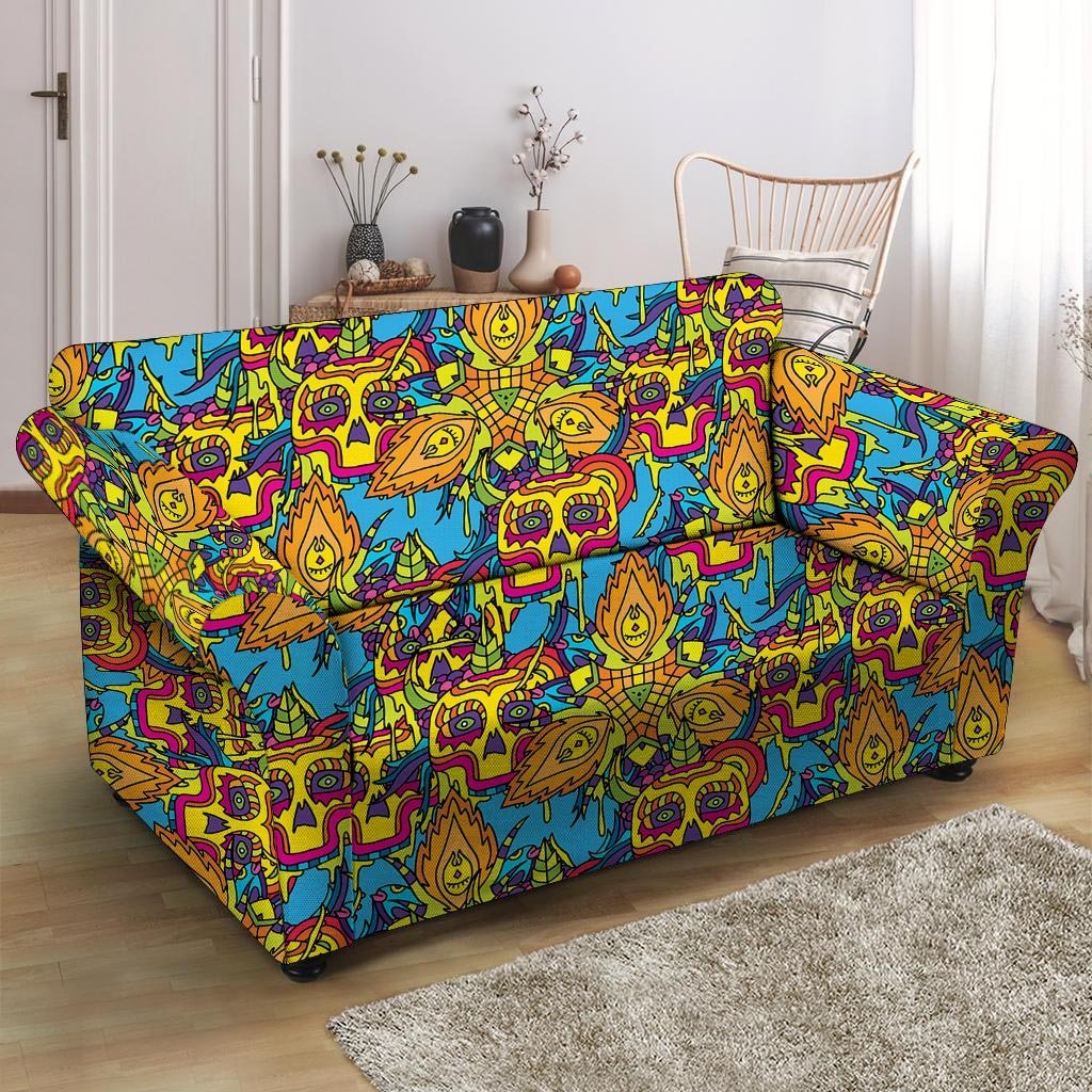 Skull Trippy Psychedelic Loveseat Cover-grizzshop