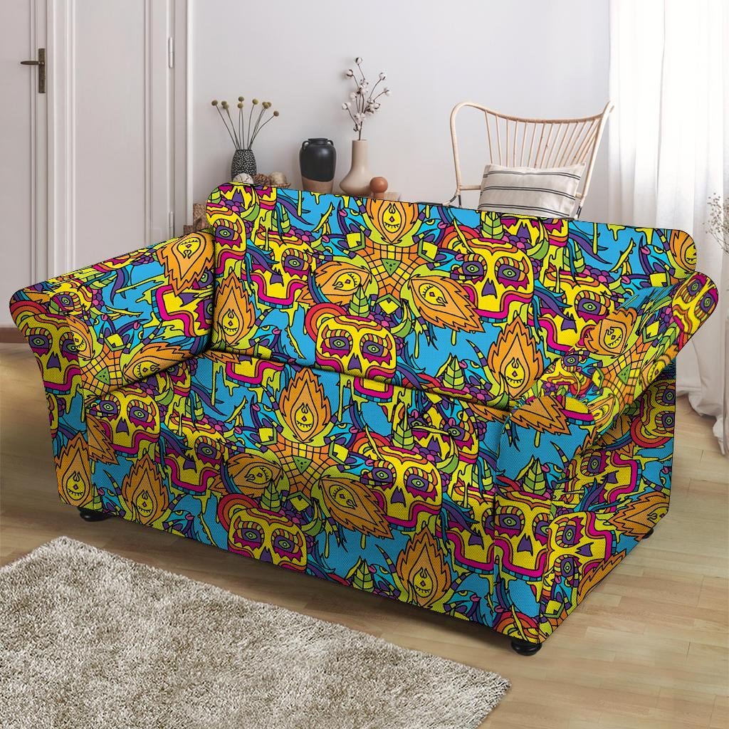 Skull Trippy Psychedelic Loveseat Cover-grizzshop