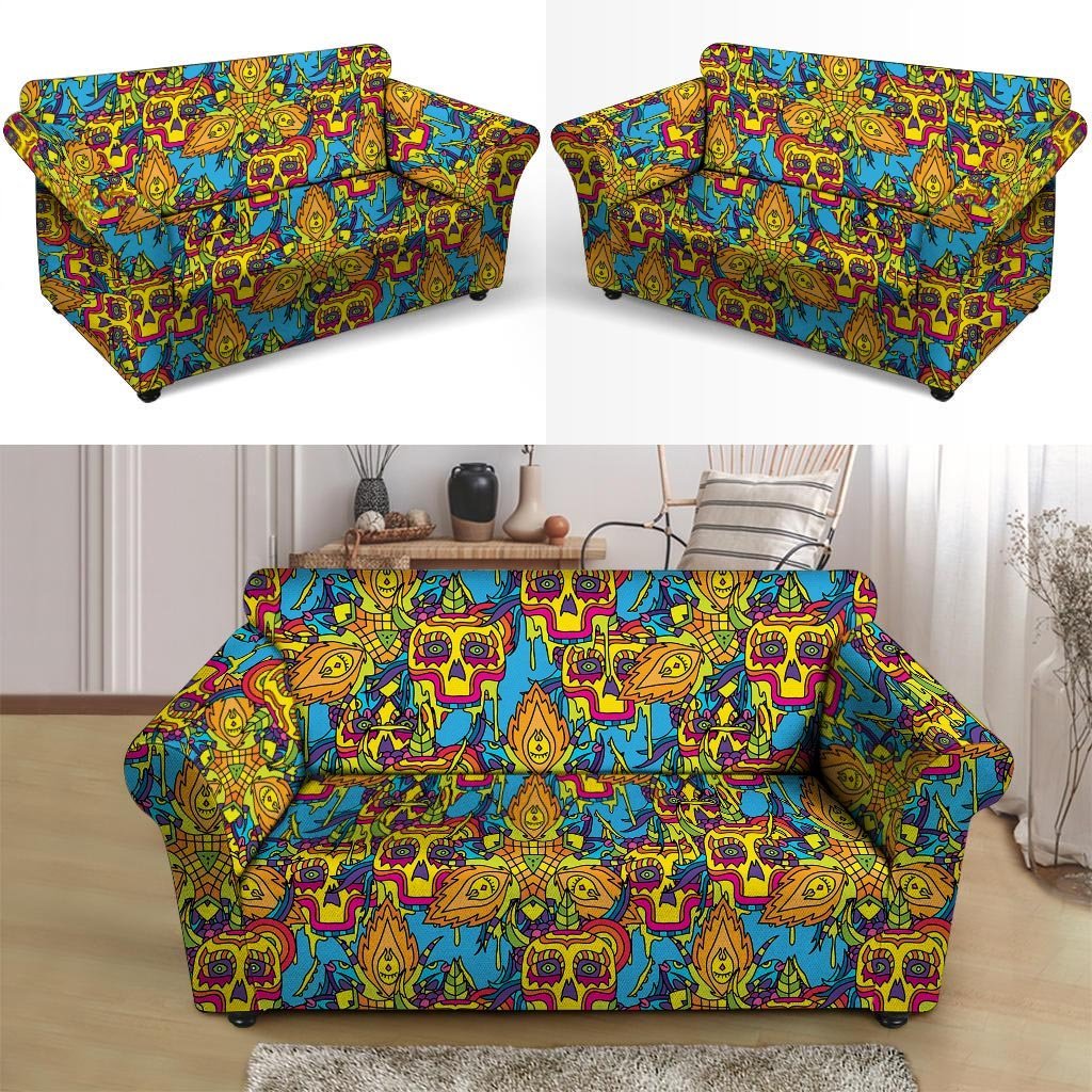 Skull Trippy Psychedelic Loveseat Cover-grizzshop