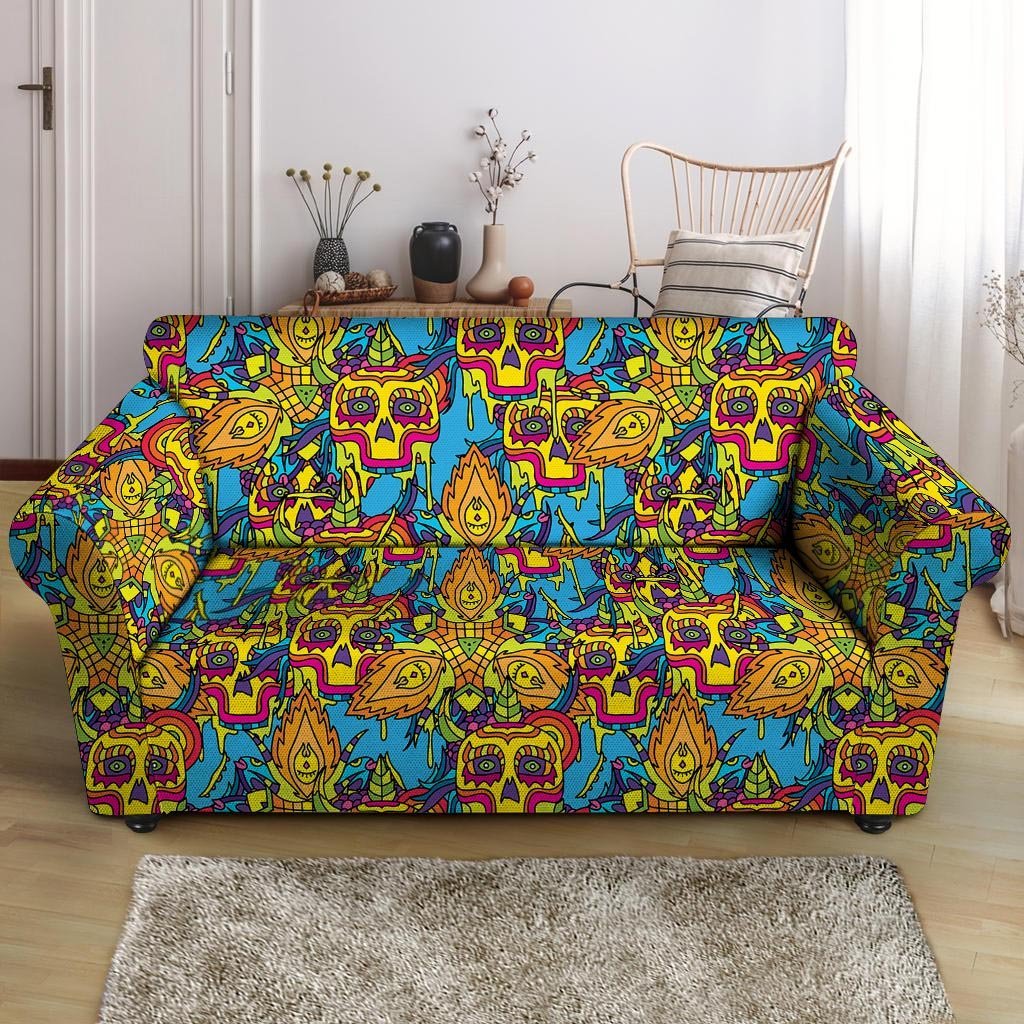 Skull Trippy Psychedelic Loveseat Cover-grizzshop