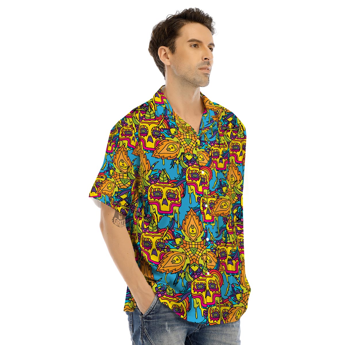 Skull Trippy Psychedelic Men’s Hawaiian Shirt-grizzshop