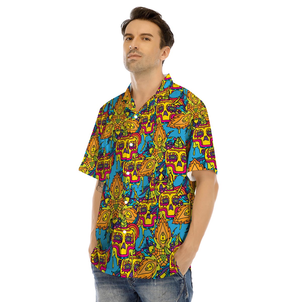 Skull Trippy Psychedelic Men’s Hawaiian Shirt-grizzshop