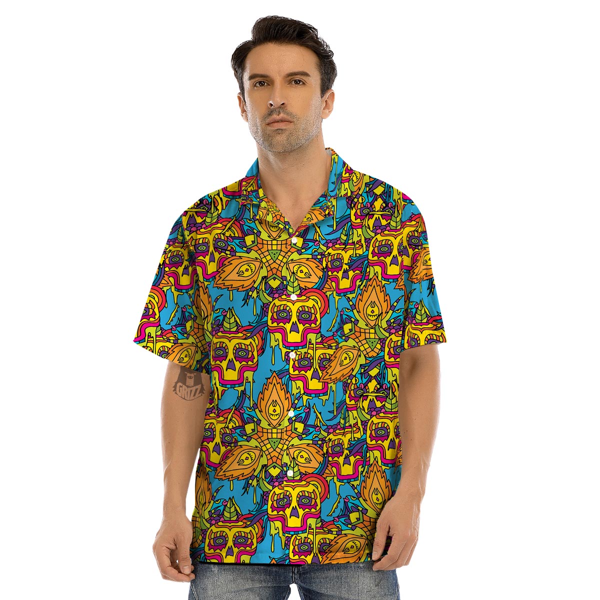 Skull Trippy Psychedelic Men’s Hawaiian Shirt-grizzshop