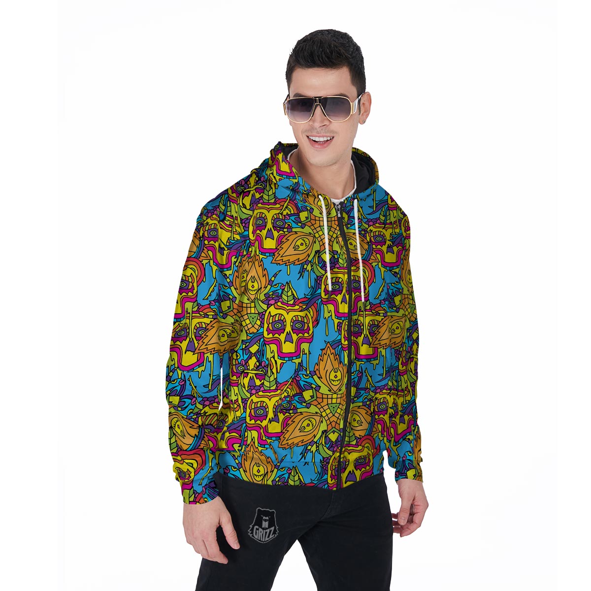 Skull Trippy Psychedelic Men's Zip Up Hoodie-grizzshop