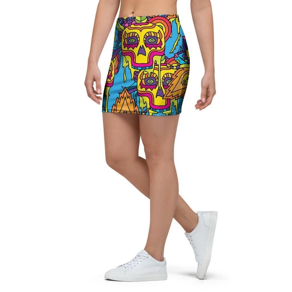 Skull Trippy Psychedelic Mini Skirt-grizzshop