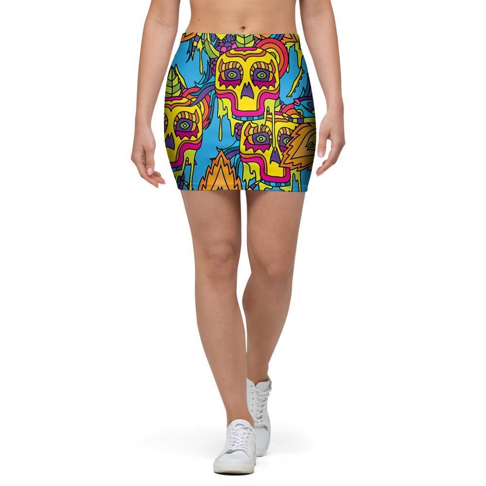 Skull Trippy Psychedelic Mini Skirt-grizzshop