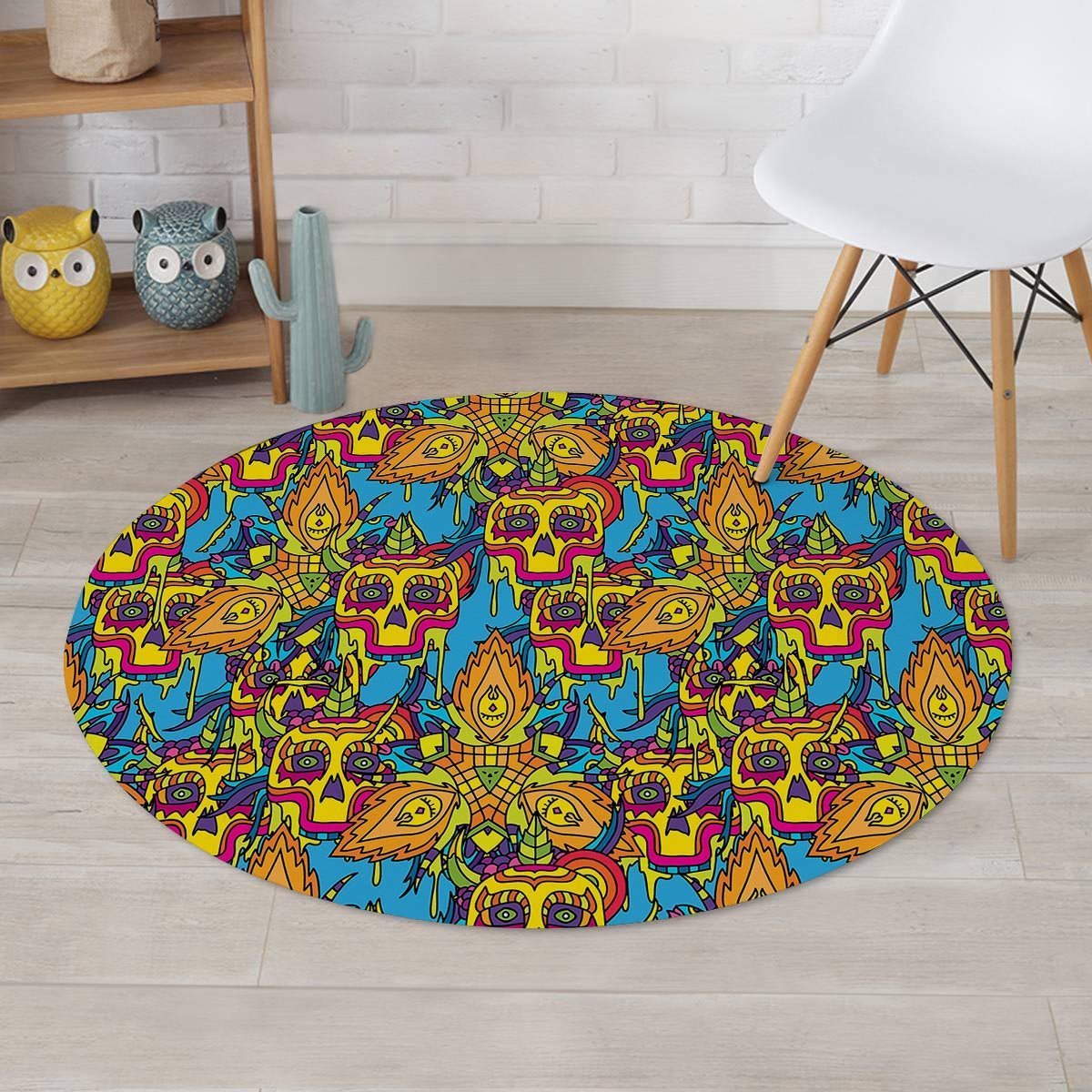 Skull Trippy Psychedelic Round Rug-grizzshop