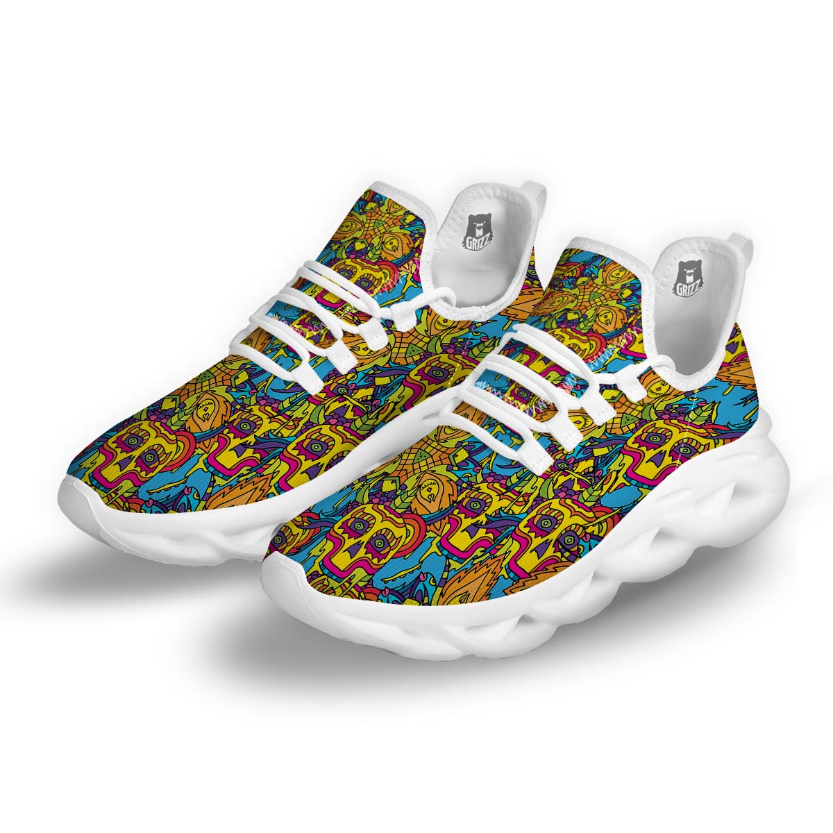 Skull Trippy Psychedelic White Running Shoes-grizzshop