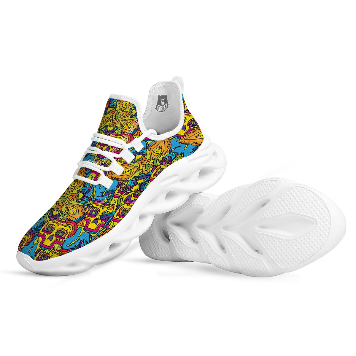 Skull Trippy Psychedelic White Running Shoes-grizzshop