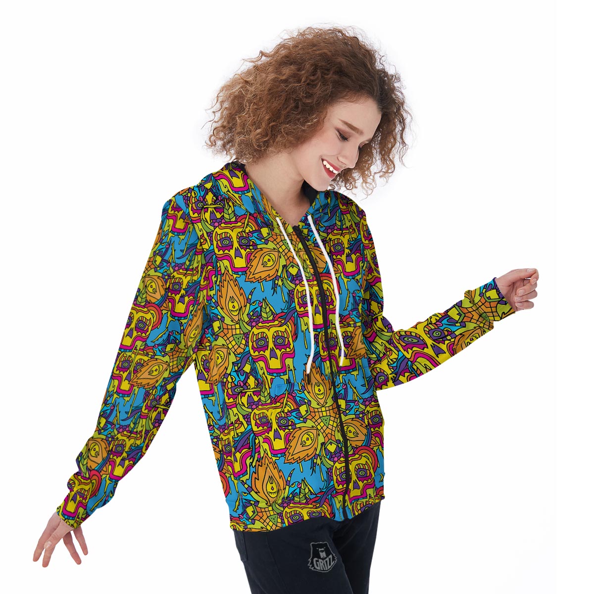Skull Trippy Psychedelic Women's Zip Up Hoodie-grizzshop